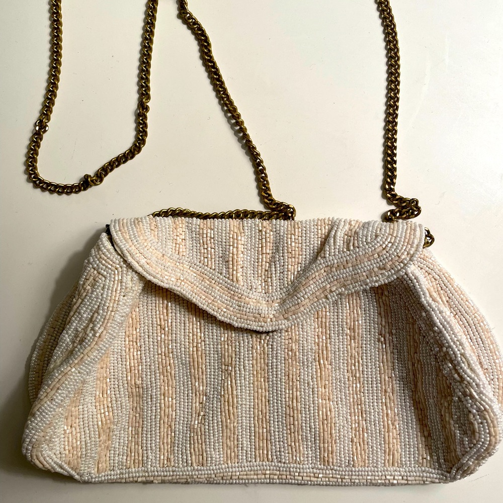BHLDN beaded white and tan clutch